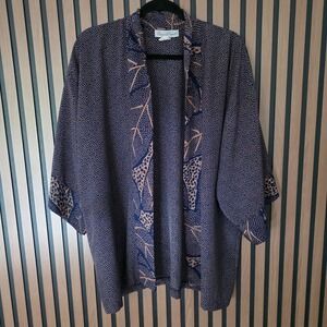 VTG 80s Susan Bennett Kimono Womens Size 6 Navy Blue Botanical Print Open Front